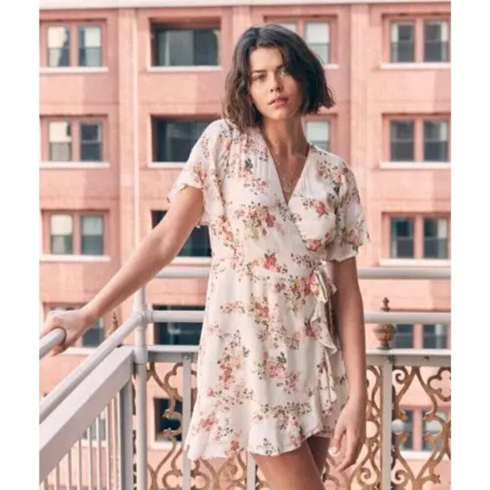 Abercrombie & Fitch Cream Orange Floral Ruffle Hem Mini Wrap Dress 35952
